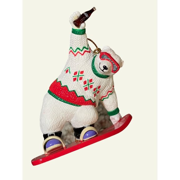 Coca Cola Polar Bear Collection Ornament Bear on Snowboard 1995 - Picture 7 of 13